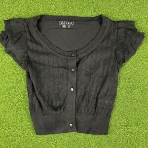 Chime Black Tiered Short Sleeve Ribbed Knit Button Front Crop Sweater Top Sz S